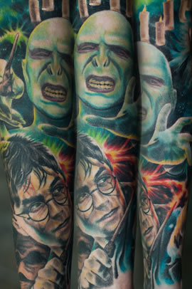Harry Potter and Lord Voldemort Tattoo done by Mark Brettrager